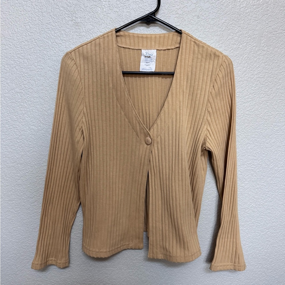 Neutral Ribbed One Button Cardigan Women’s XS Boho Indie Sleaze